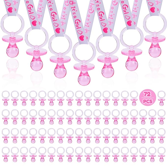 72 Cute Pacifier Necklaces for Baby Shower Girls & Boys Party Favors, Gender Reveal Party Table Scatter, Baby Shower Necklace Game (Pink)