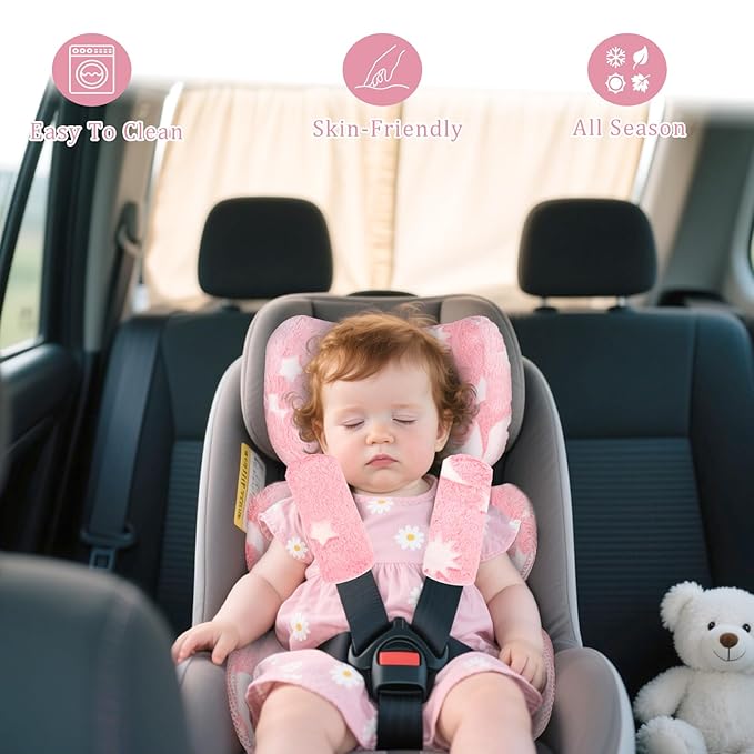 Infant Car Seat Insert Cushion, Baby Car Seat Head Body Support with 2 Extra Strap Paddings, Newborn Car Seat Insert for Baby Girls & Boys, Premature Carseat Cushion, Pink Moon and Star