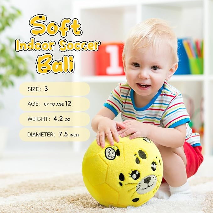 VangeBow Silent Indoor Soccer Balls for Toddlers 1-3, Inflatable Soft Plush Baby Toddler Soccer Ball Toys Gifts for 1 2 3 4 5 Year Old Boy Girl First Birthday Gift (Cheetah, Pump Include)