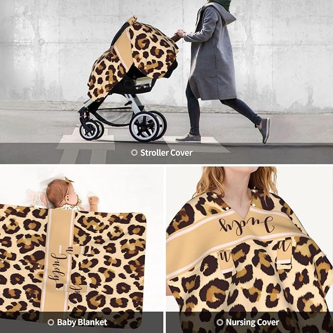 Custom Baby Car Seat Cover with Name – Personalized Leopard Print Nursing Cover, Infant Carseat Canopy, Shopping Cart Cover – Soft, Breathable & Warm – Ideal Shower Gift for Baby Girls