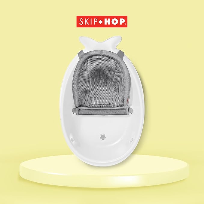 Skip Hop Baby Bath Tub, 3-Stage Smart Sling Tub, Moby, White & Moby Baby Bath Essential Set, Grey
