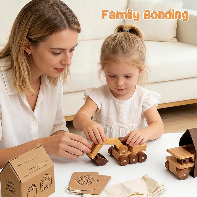 Wooden Toy Cars for 3 Year Old Boys & Girls - Construction Vehicles Set Push Toys for Toddlers, Wood Montessori Car with Rolling Wheels, Natural Wood Toys (Excavator & Dump Truck)