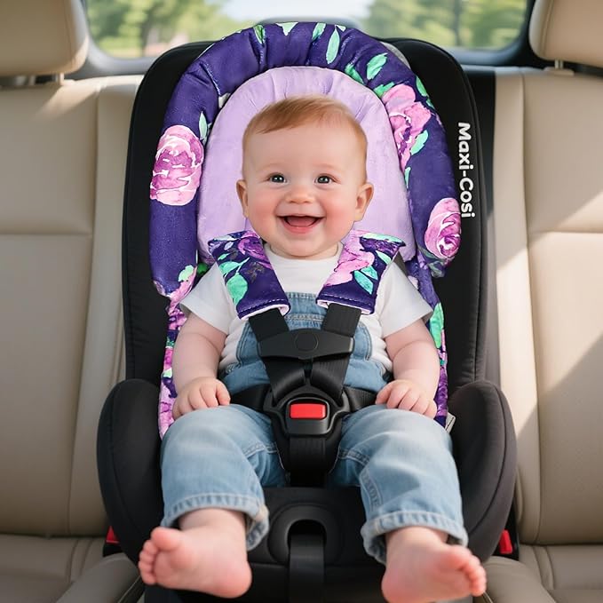 Baby Car Seat Head Support with Extra Headrest, 2-in-1 Babybody Supports with Shoulder Pads Set for Newborn, Adjustable Infant Car Seat Insert Compatible with Stroller, Baby Swing (Purple Flower)
