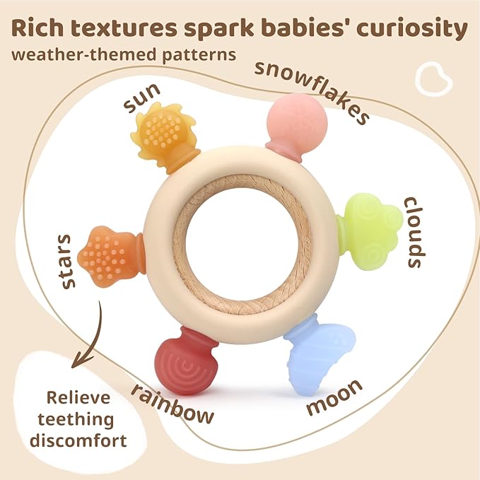 3Pcs Baby Silicone Teether Toy Set - Food-Grade Silicone Teething Relief Toys,Wooden Ring Teether Cute Bear Toy and Toy Straps for Babies 3-12 Months (Bright Beige)
