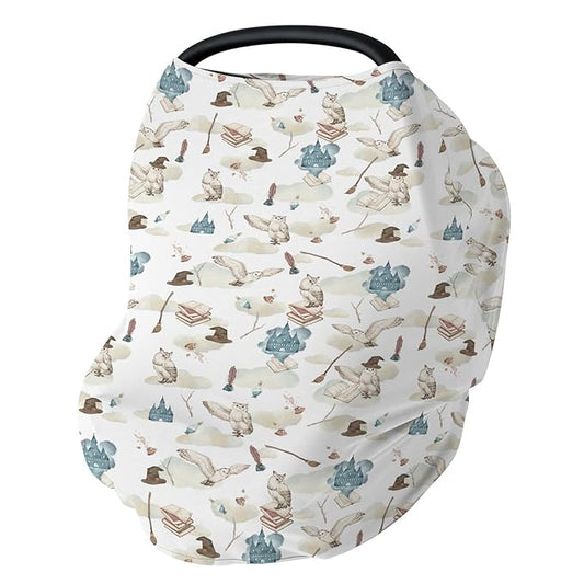 Vintage Wizard Owls Car Seat Cover for Babies Watercolor Witch Hat Books Castle Clouds Stretchy 5-in-1 Cover Adjustable Infant Carseat Canopy Cover Magics Wizard Universe Breathable Nursing Cover-Up