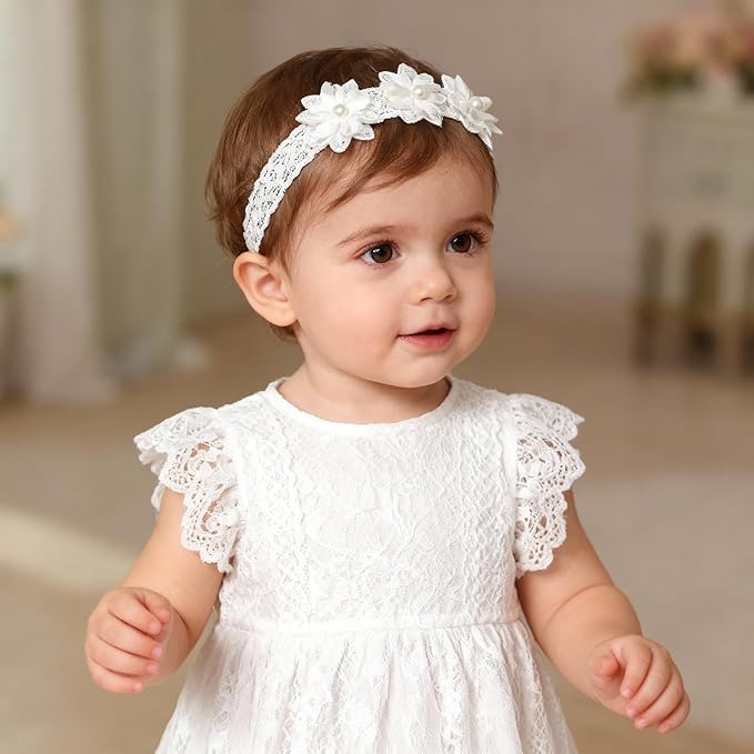 Baby Girls Hairband White Bow Lace Headbands Handmade Soft Stretchy Wide Head Band Newborn Hairbands with Bows Pearls Elastic Headband for Infant Hair Accessories（Three White Flowers）