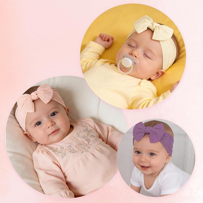 baotongle 3pcs Baby Girls Headbands Soft Stretchy Nylon Hair Bands Hair Accessories with Bows for Newborn Baby Girls Infant Toddlers Kids(Beige,Violet,Peack Pink, 5.7inches)