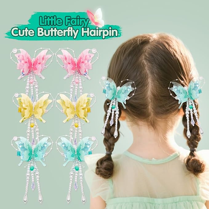 6-piece set of pearl bow tassel hair clips. Highlight the girl's gentle and sweet style. Suitable for girls and children. 3color combinations for butterflies: yellow, green, and pink