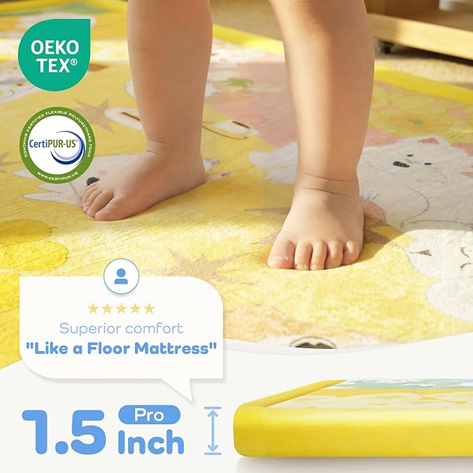1.5" Thick Educational Baby Floor Play Mat 59x79, Flannel Padded Memory Foam Kids Mat, Non-Slip Plush Playmat for Nursery Playroom Classroom (Dog)