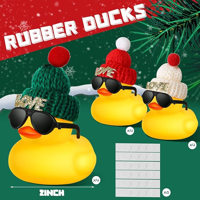 Chivao 12 Pcs Mini Rubber Ducks with Sunglasses/ Glasses and Hats/ Necklace, Cruise Rubber Ducks in Bulk Valentine Gift Small Bathtub Toy for Hiding Party Favor(Love Style,Yellow)