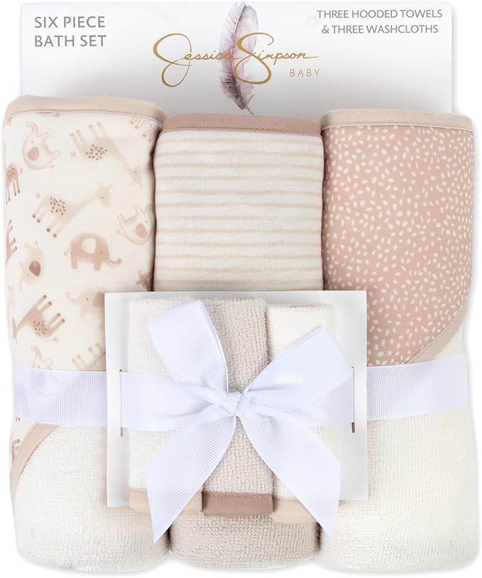 Jessica Simpson 6 Piece Printed Hooded Bath Towel and Washcloth Set for Infant, Newborns and Toddlers 3 – 24 Months for Bath Time, Showers, Lounge, Beach and Pool (6 Piece Zoo Animals Print)