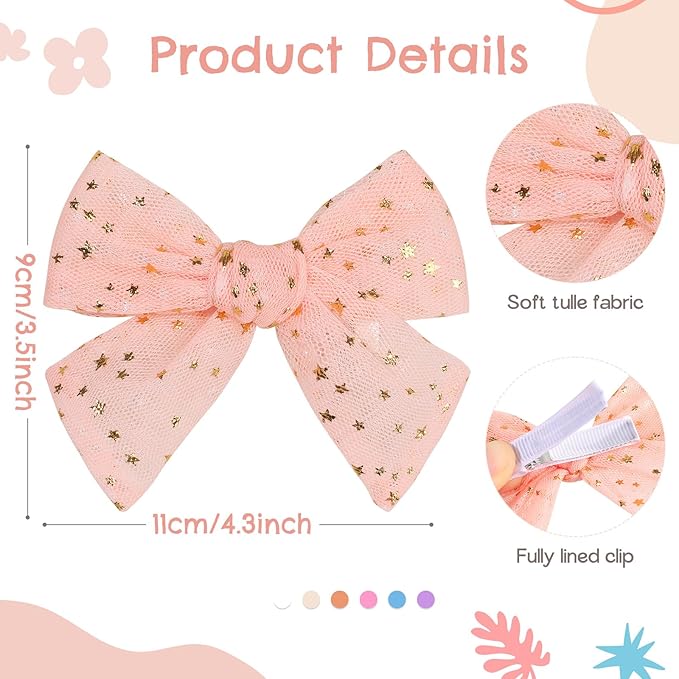 CN 6 PCS Tulle Hair Bows for Girls, Toddler Bows with Glitter Star Alligator, Colorful Hair Barrettes Wedding Sequin Hair Accessories for Baby Girls Infants Toddler Teens Party(Style J)