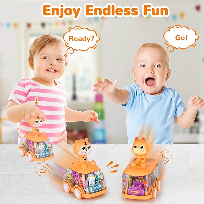 ShinySong Baby Toy Cars Press and Go Car for Toddlers, Light Up Toys Birthday Gifts for Kids Boys Girls, Giraffe & Tiger