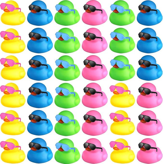 Chivao 36 Pcs Mini Rubber Ducks with 36 Sunglasses Rubber Ducks in Bulk Bathtub Duckies Toys for Kids Christmas Valentine Gifts Birthday Party Favors Cruise(Multi Color,Duck with Sunglasses)