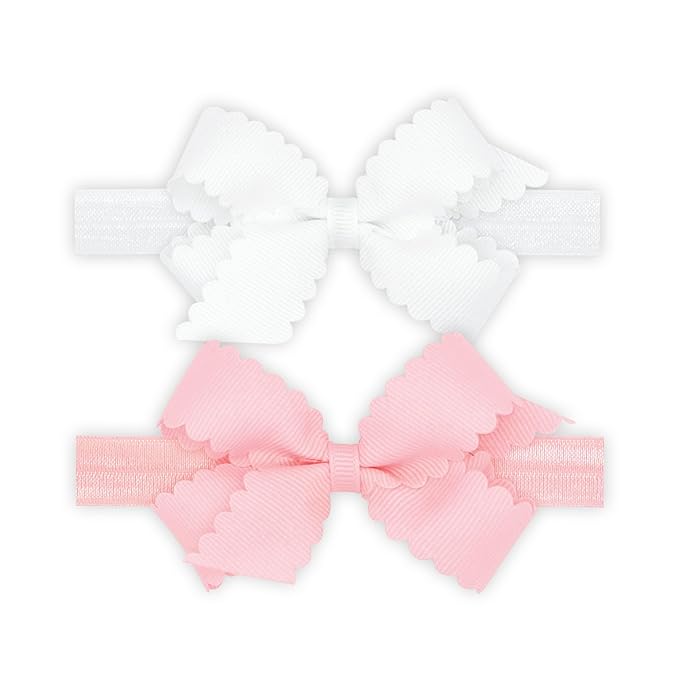 Wee Ones Girls Two Mini Scallop Bows With Bands, Mini, White/Pink