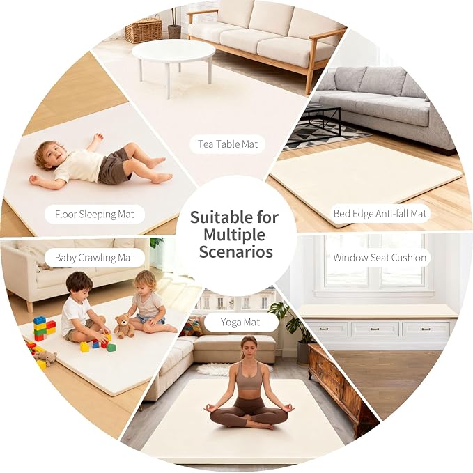 PU Leather Baby Play Mat for Floor, 47"×47" Playpen Mat, 1.3" Thick Elasti-Foam, Non-Slip Crawling Mat for Tummy Time, Waterproof & Wipe-Clean Playmat for Toddler,Infant, Kids (Beige)