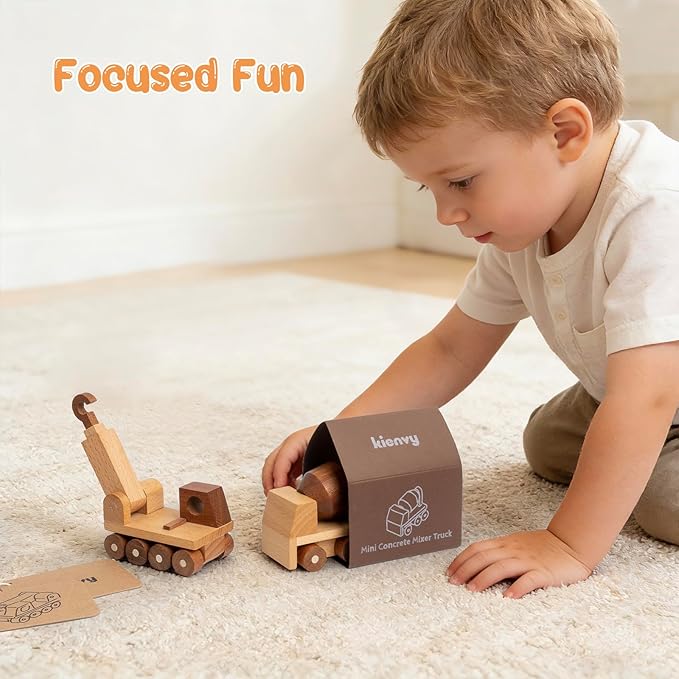 Wooden Toy Cars for 3 Year Old Boys & Girls - Construction Vehicles Set Push Toys for Toddlers, Wood Montessori Car with Rolling Wheels, Natural Wood Toys (Crane & Concrete Mixer Truck)