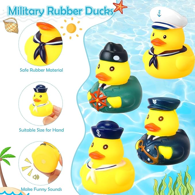 48 Pcs Cruise Sailor Rubber Ducks with Sunglasses 2.4 Inch mini Cruise Ship Nautical Ducks for Hiding Military Uniform Armed Forces Squeaky Bath Toy for Summer Birthday Baby Shower Party