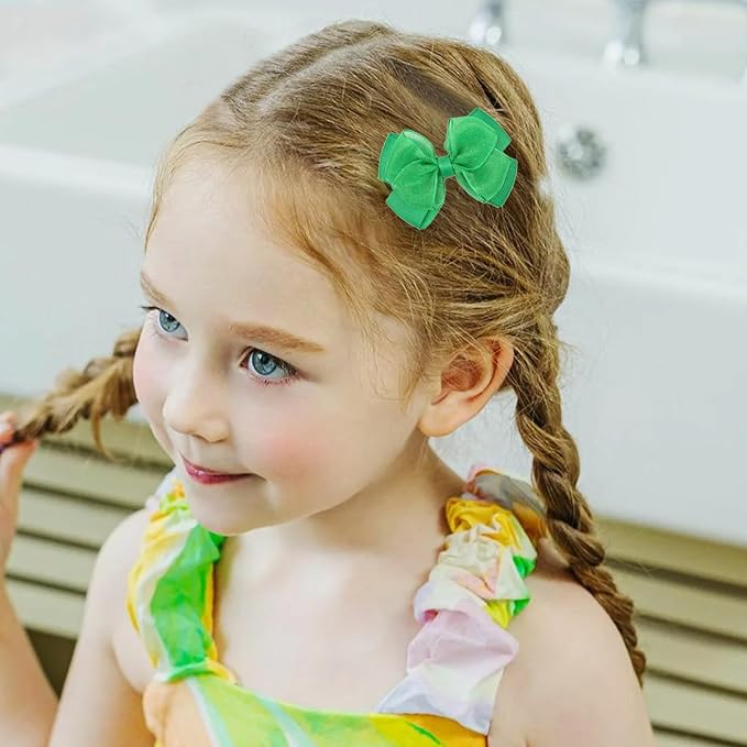 Tiny 3 Inch Organza Double Hair Bow Clips - Lined Boutique Alligator Hairpin for Baby Girls, Toddlers, and Little Teens - Kids Barrettes Set of 2 Small Stylish (Green)