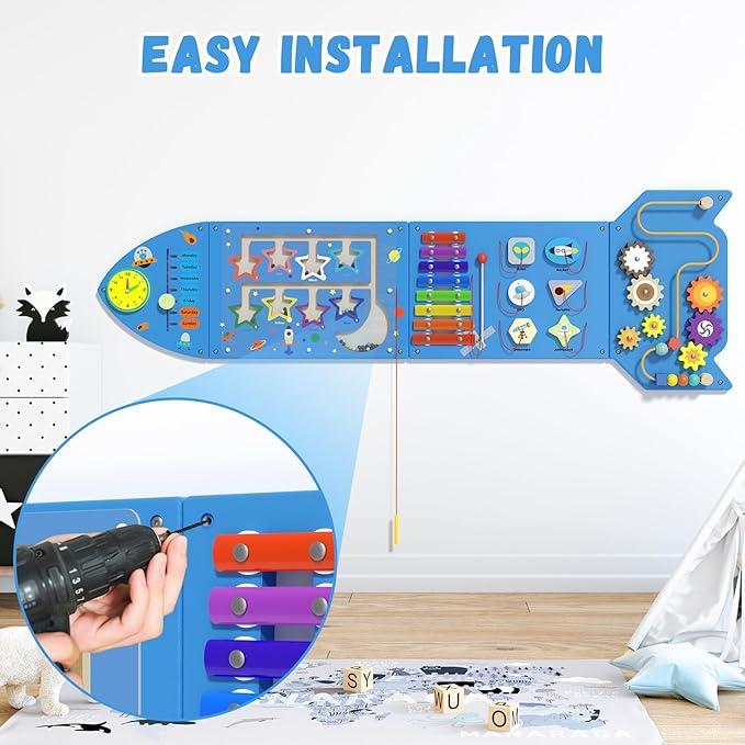 Spacocld Montessori Busy Board - Blue Rocket Activity Wall Panels, Wall Toys for Toddlers 3+, Sensory Panels for Kids, Wooden Activity Cubes, Playroom Daycare Toys, Toddler Sensory Board (4PCS)