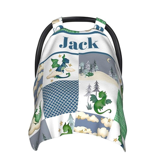 Personalized Baby Car Seat Canopy for Babies with Name, Custom Car Seat Covers for Boys Girls, Cute Dragon Green Nursing Breastfeeding Stroller Cover Infant Carseat Canopies for Newborn