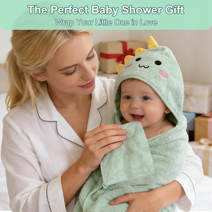 14PCS Baby Bath Towels Set, Includes 4 Hooded Towels (31.5”x31.5”) & 10 Washcloths, Ultra Soft & Absorbent Coral Fleece, for Newborn to Toddler, Essential
