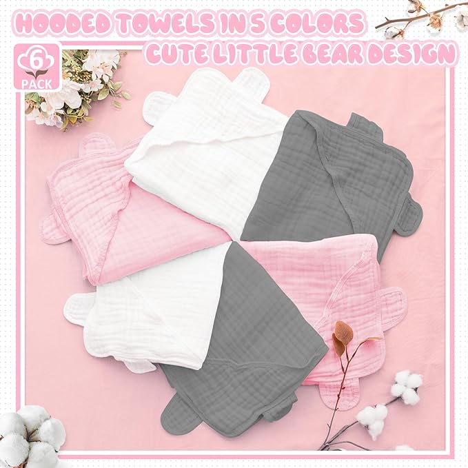 Preboun 6 Pcs Muslin Baby Hooded Towels Cotton Absorbent 6 Layers Cute Bath Toddler Towels for Newborn Kids Girl Infant Boys Toddler Shower Gift Supplies (Grey,Pink,White)