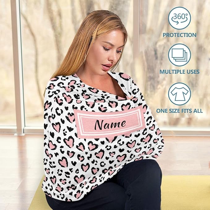 Custom Leopard Pink Heart Baby Car Seat Cover Personalized Your Name Nursing Covers Breastfeeding Scarf Infant Carseat Canopy for Mom Baby Gift