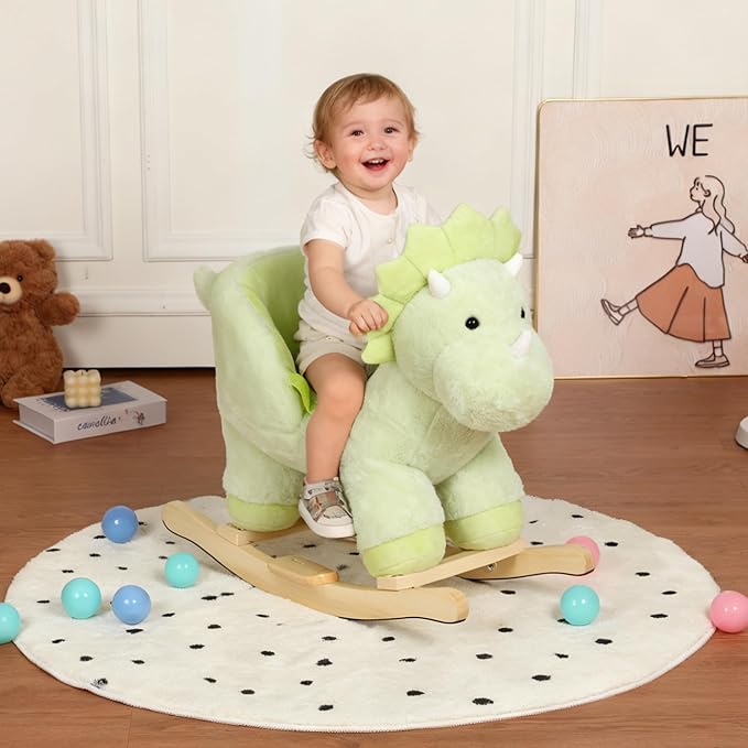 Dinosaur Baby Rocking Horse for Toddlers 1 Years to 3 Years, Stuffed Plush Ride-on Rocking Animal with Realistic Sound and Music, Wooden Rocking Horse with Seat, Green Dinosaur, CPC Certified