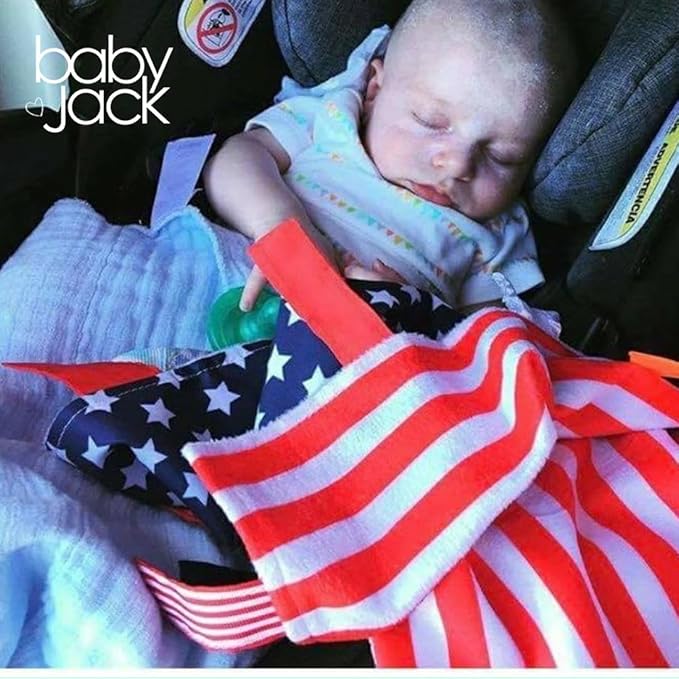 Baby Jack & Co 8x8” American Flag Lovey Patriotic Tag Toy - Crinkle Toys for Development of Five Senses - Soft & Safe - God Bless America - Military Child - BPA Free Clip for Stroller Toy