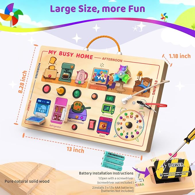UdoUto My Busy Home Montessori Busy Board for Toddlers 1-3 - Wooden Sensory Activity Board with Kitchen Appliances, Switches, Clock | Educational Fine Motor Skill Toy for 1+ Year Old Boys Girls