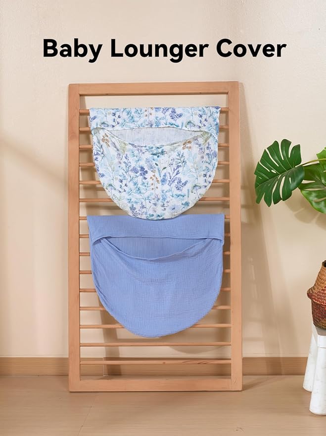 TILLYOU Muslin Baby Lounger Cover, 100% Cotton Newborn Lounger Cover, 2 Pack Baby Nest Slipcover for Boys Girls, Cover Only, Blue Flower