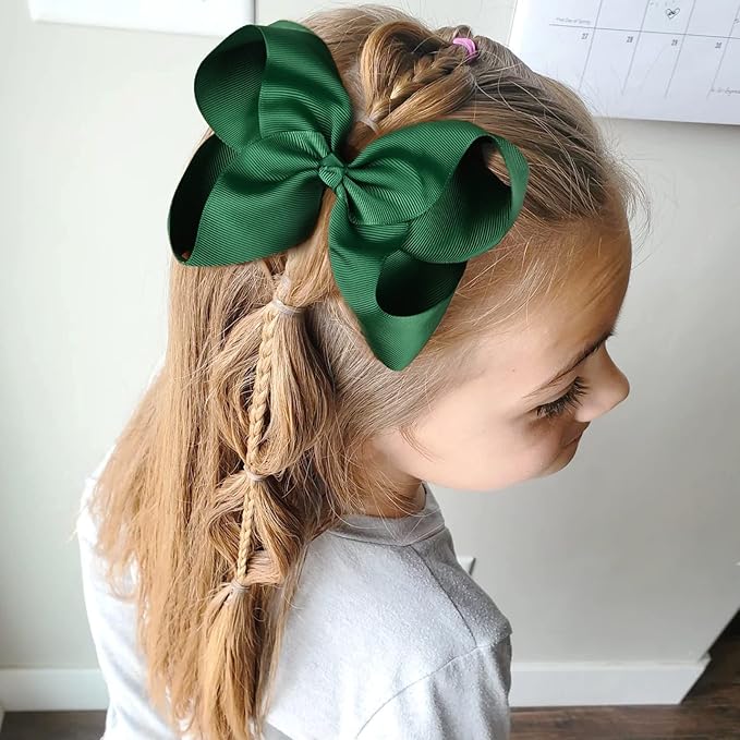 DEEKA 2 PCS 6" Big Hand-made Grosgrain Ribbon Solid Color Hair Bows Alligator Clips Hair Accessories for Little Teen Toddler Girls Kids Set of 2 -Hunter Green