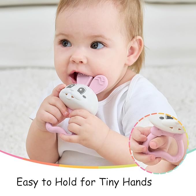 Baby's First Toy with Rattle, Easter Gifts for Babies 3 Months+, Mombella Bunny Baby Teether Toys, Easter Basket Stuffers Baby Teething Toys with Clip to Attach, Baby Chew Toys 6-12 Months, Pink