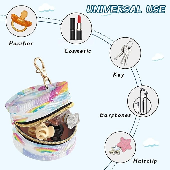 Pacifier Holder with Clip Pacifier Case for Diaper Bag Round Baby Pacifier Pouch Box Bag Portable Rainbow Clouds Dots White