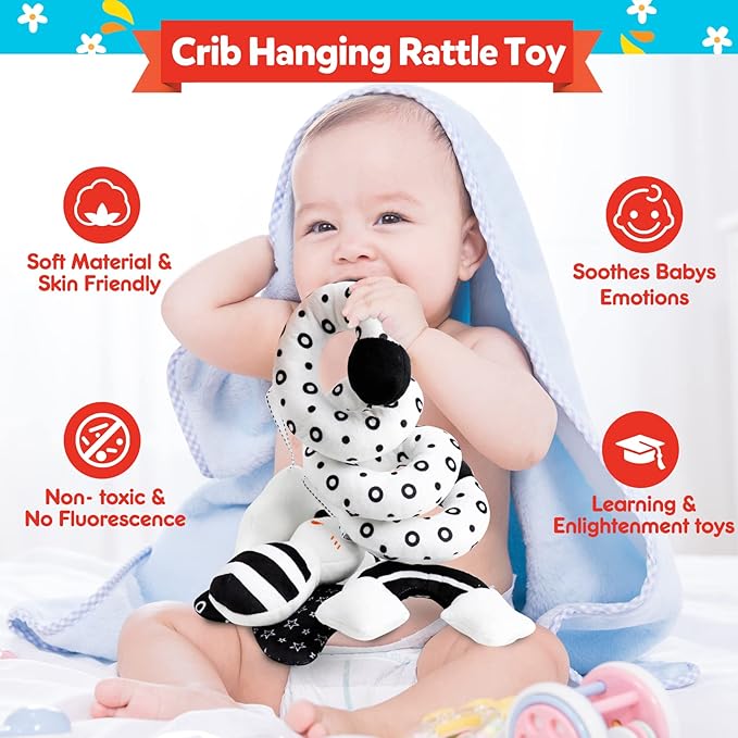 GKDOMS Baby Spiral Hanging Stroller and Car Seat Toys Black and White High Contrast Sensory Toy Newborn Plush Activity Toys Party Favors Quality Gifts for Baby Shower-BEE