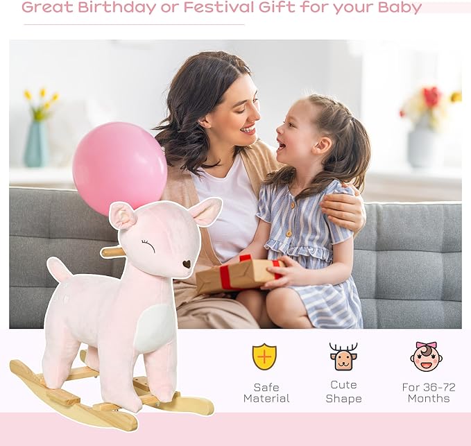 Qaba Kids Plush Ride-On Rocking Horse Deer-Shaped Plush Toy Rocker with Realistic Sounds for Child 36-72 Months Pink