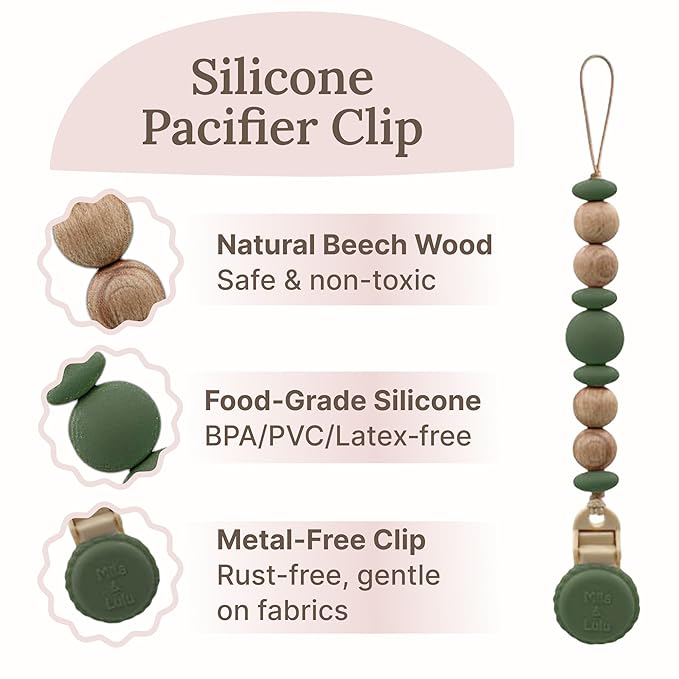 Silicone Pacifier Clip – Metal-Free, Rust-Free, 100% Food-Grade Silicone and Natural Beech Wood, Secure Pacifier Holder – Olive - Mila & Lulu