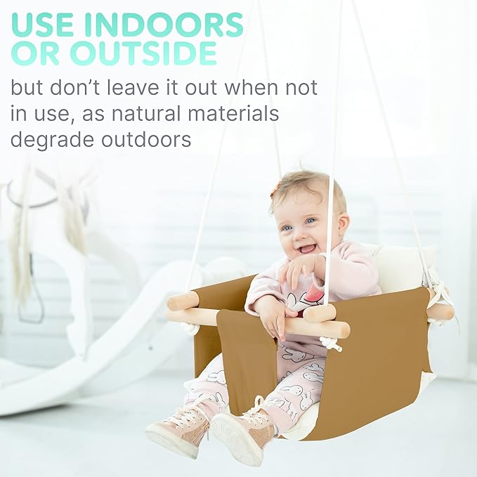 CaTeam - Canvas Baby Swing Chair, Wooden Hanging Seat with Safety Belt, Durable and Comfortable for Kids, Indoor and Outdoor Use, Mounting Hardware Included, Ocher