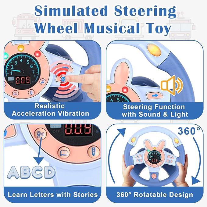 Kids Steering Wheel Toy for Car Backseat with Vibration & Adjustable Sound, Realistic Driving Simulator Toy for Toddlers 1-3, Educational Toddler Gifts
