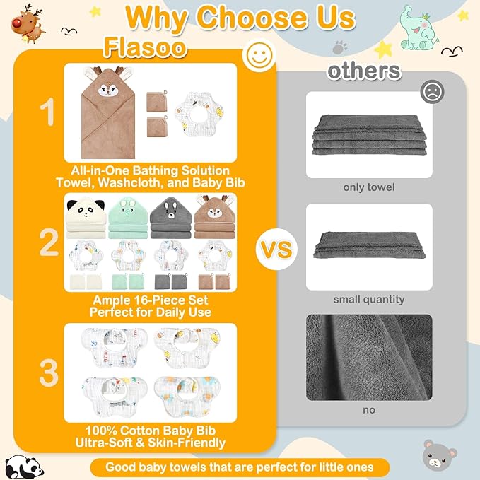 Flasoo 16 Pcs Baby Towels Set for Infants Toddlers, 4 Pcs Hooded Bath Towels, 4 Pcs Baby Bibs & 8 Pcs Washcloths Set, Absorbent Soft Newborn Gift for Boys & Girls-Elephants, Pandas, Bears & Moose
