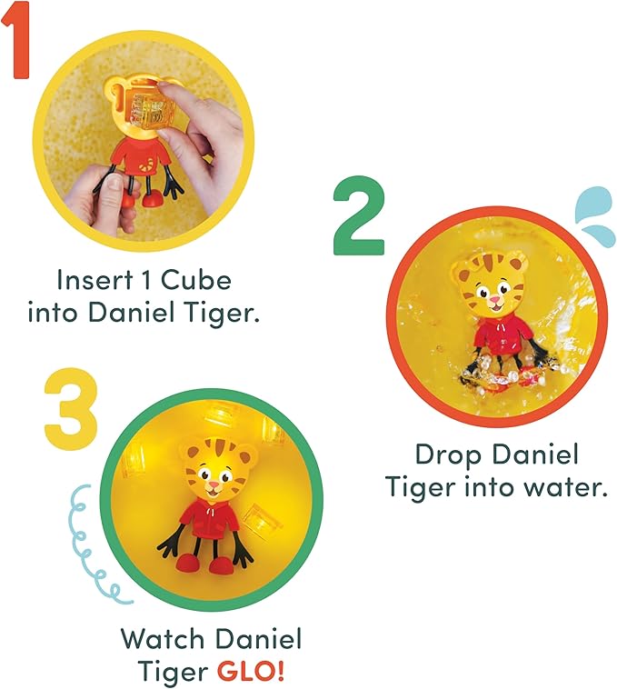 Glo Pals x Daniel Tiger's Neighborhood Water-Activated Bath Toy with 6 Reusable Light-Up Cubes for Sensory Play (Cubes with Character)