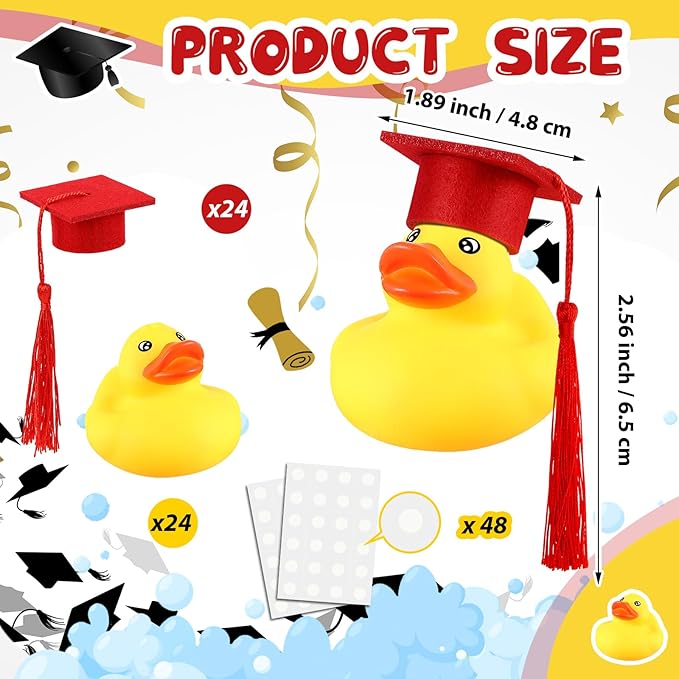 Lenwen 24 Pcs Graduation Rubber Ducks with Grad Cap Mini Rubber Duckies Gifts Bulk for Graduation Party Favors Decoration(Red Grad Hat)