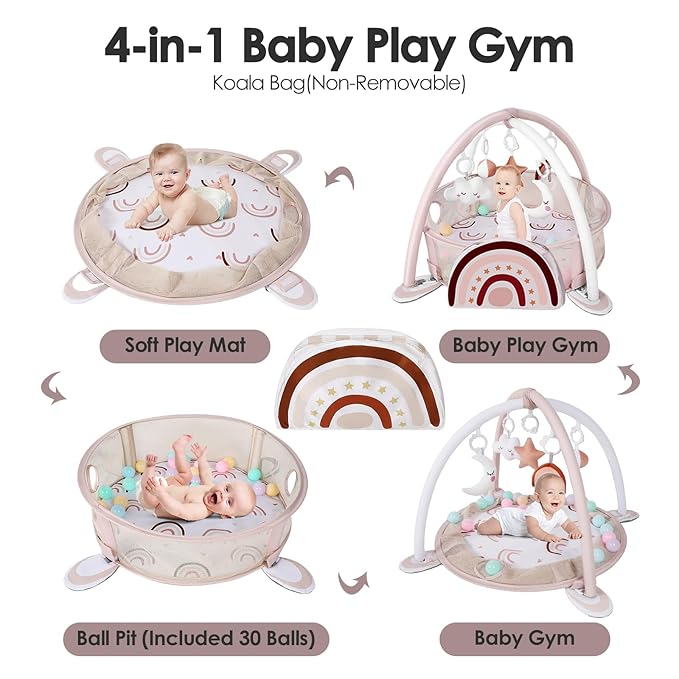 dearlomum 4-in-1 Baby Play Mat Baby Gym, Activity Play Mat for Floor Exercise Gym Ball Pit Including 30 Balls with 5 Infant Learning Sensory Baby Toys for Newborn Toddler Boy & Girl Gifts(Rainbow)