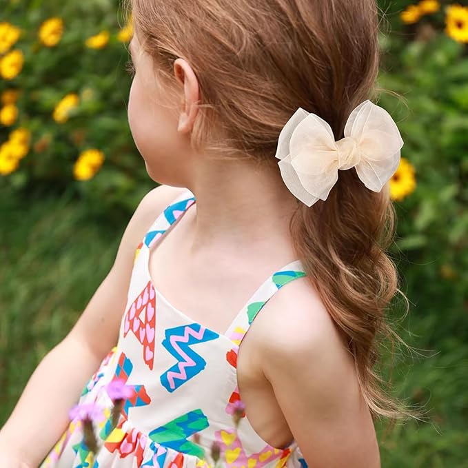 4-Inch Organza Double Hair Bows Alligator Clips 2PCS Nude Colors Mesh Ribbon Tulle Decorative Hair Bow Barrettes New Year Party Dress Accessory for Toddler Girls Children Teens