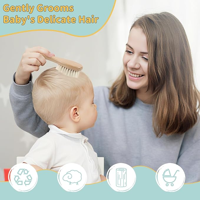 DEBETOOL Cradle Cap Brush and Comb Set with Baby Hair Brush - 3-Piece Wooden Baby Brush Kit for Newborns and Infants