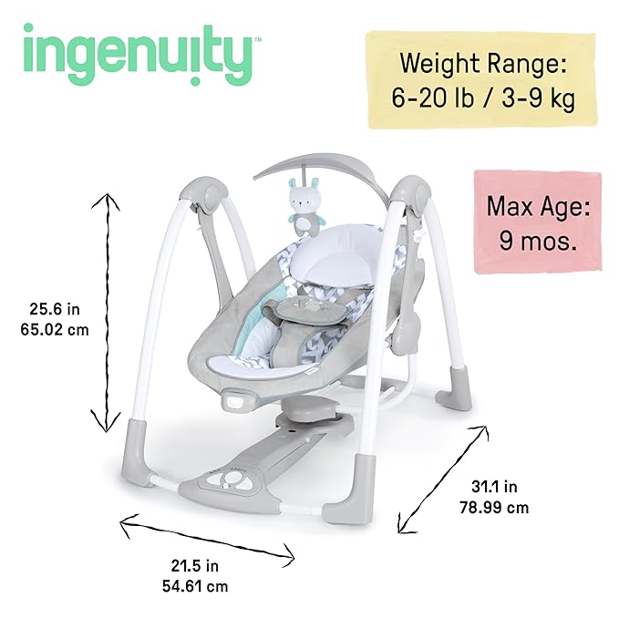 Ingenuity ConvertMe 2-in-1 Compact Portable Automatic Baby Swing & Infant Seat, Battery-Powered Vibrations, Nature Sounds, 0-9 Months 6-20 lbs (Raylan)