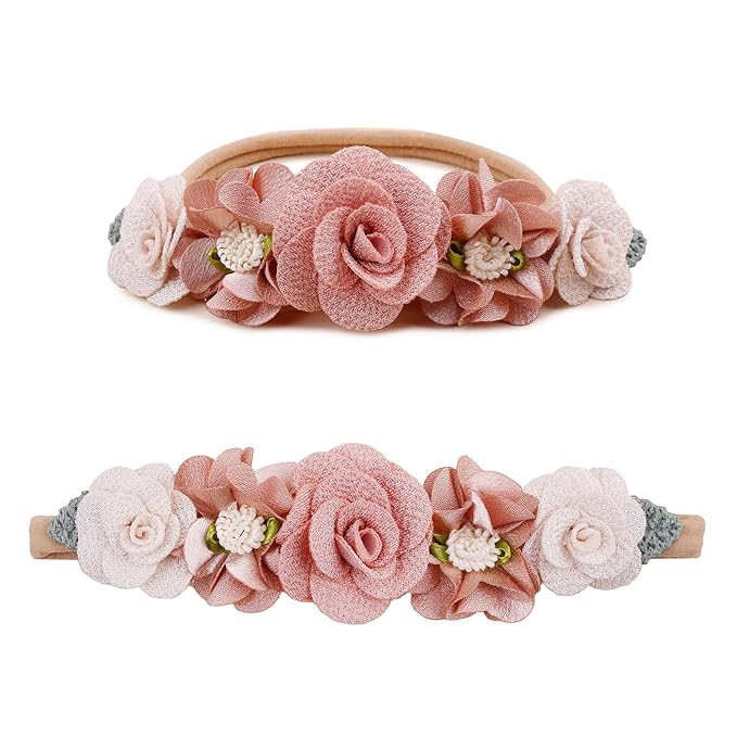 Baby Girl Flower Headbands and Bows, Stretchy Soft Nylon Floral Crown, 3pcs Handmade Hair Accessories for Newborn Infant Toddler