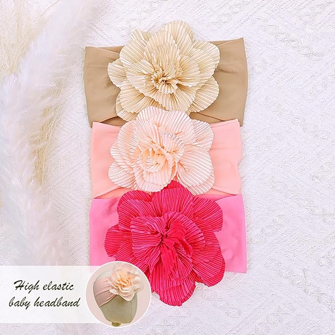 Large Flower Elastic headband for Baby Girl Infant Soft Fabric Chiffon Floral Hairband Toddler Newborn Christening Baptism Hair Accessories (Flower 1 - Rose Pink, Elastic)