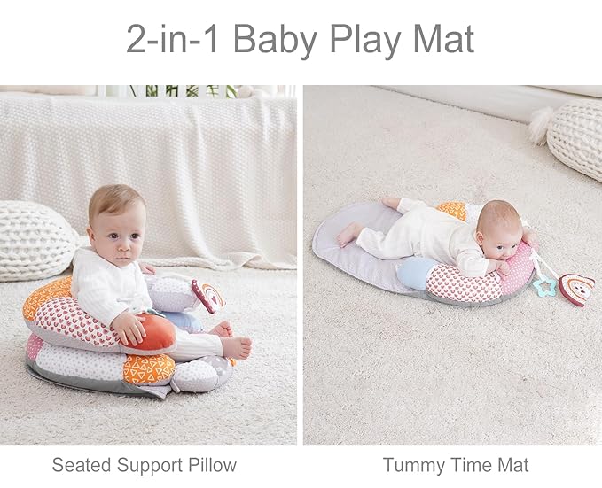 MIIMER 2-in-1 Tummy Time Baby Mat & Seated Support Pillow, Tummy Time Cushion with Detachable Support Prop and Toys, for Early Development Support for Newborns and Older Babies